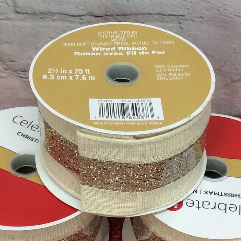 Celebrate it Christmas Ribbon 3 Rolls Burlap w/Gold Glitter Stripe 2.5” x 25’ Ea - Picture 3 of 6